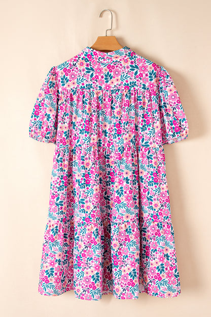 Pink Plus Size Floral Half Button Short Puff Sleeve A-line Dress