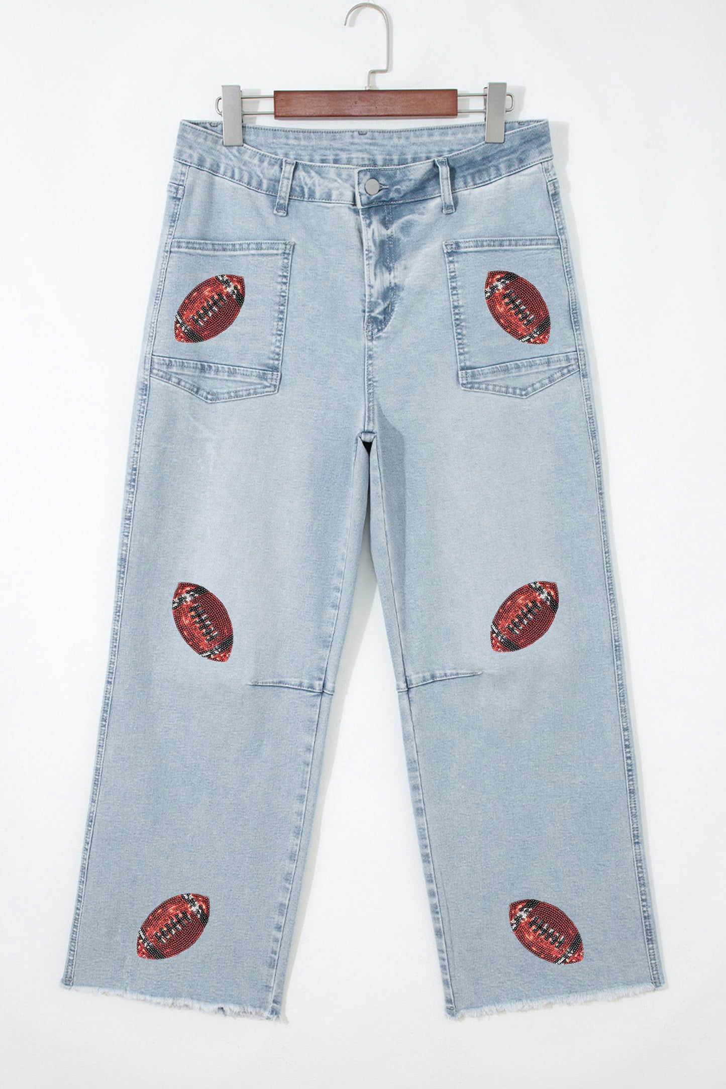Beau Blue Sequin Rugby Pattern Raw Hem Casual Jeans