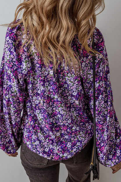 Purple Boho Flower Split V Neck Bubble Sleeve Blouse - Chic Meadow Boutique 