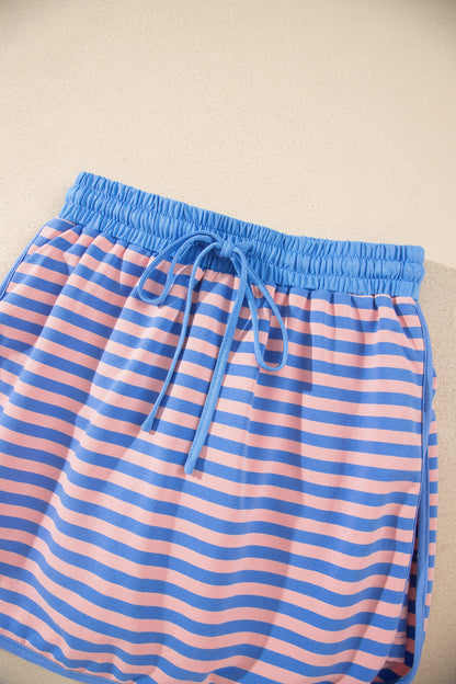 Blue Stripe Long Sleeve Relaxed Pullover Drawstring Mini Skort 2pcs Set