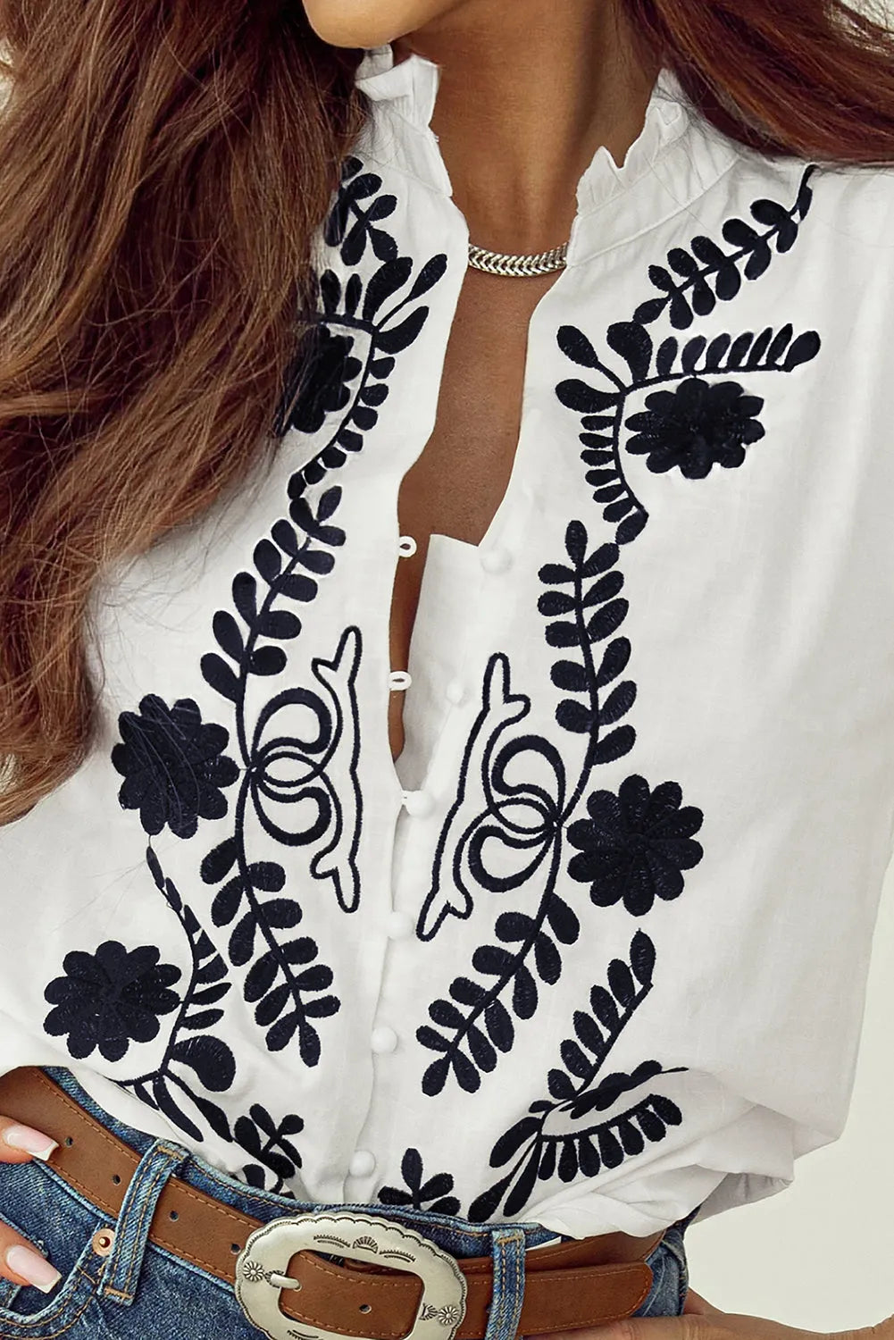 White Floral Embroidered Shirred Sleeve Elegant Shirt - Chic Meadow Boutique 