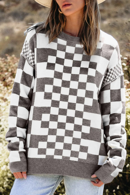 Gray Checkered Print Drop Shoulder Round Neck Sweater - Chic Meadow Boutique 