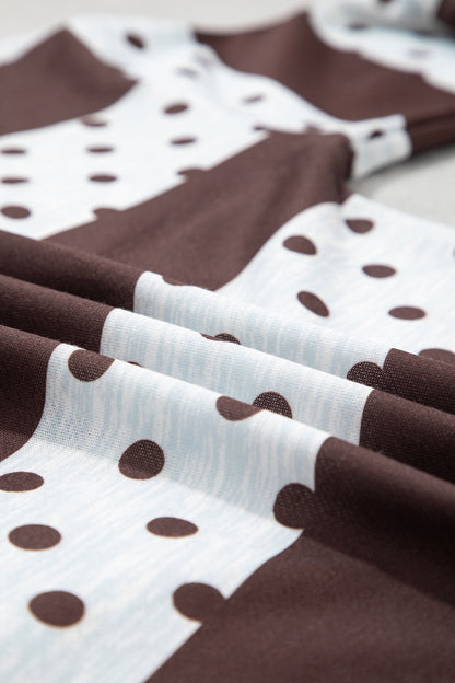 Brown Stripe Patchwork Polka Dot Accent Quarter Zip Long Sleeve Top