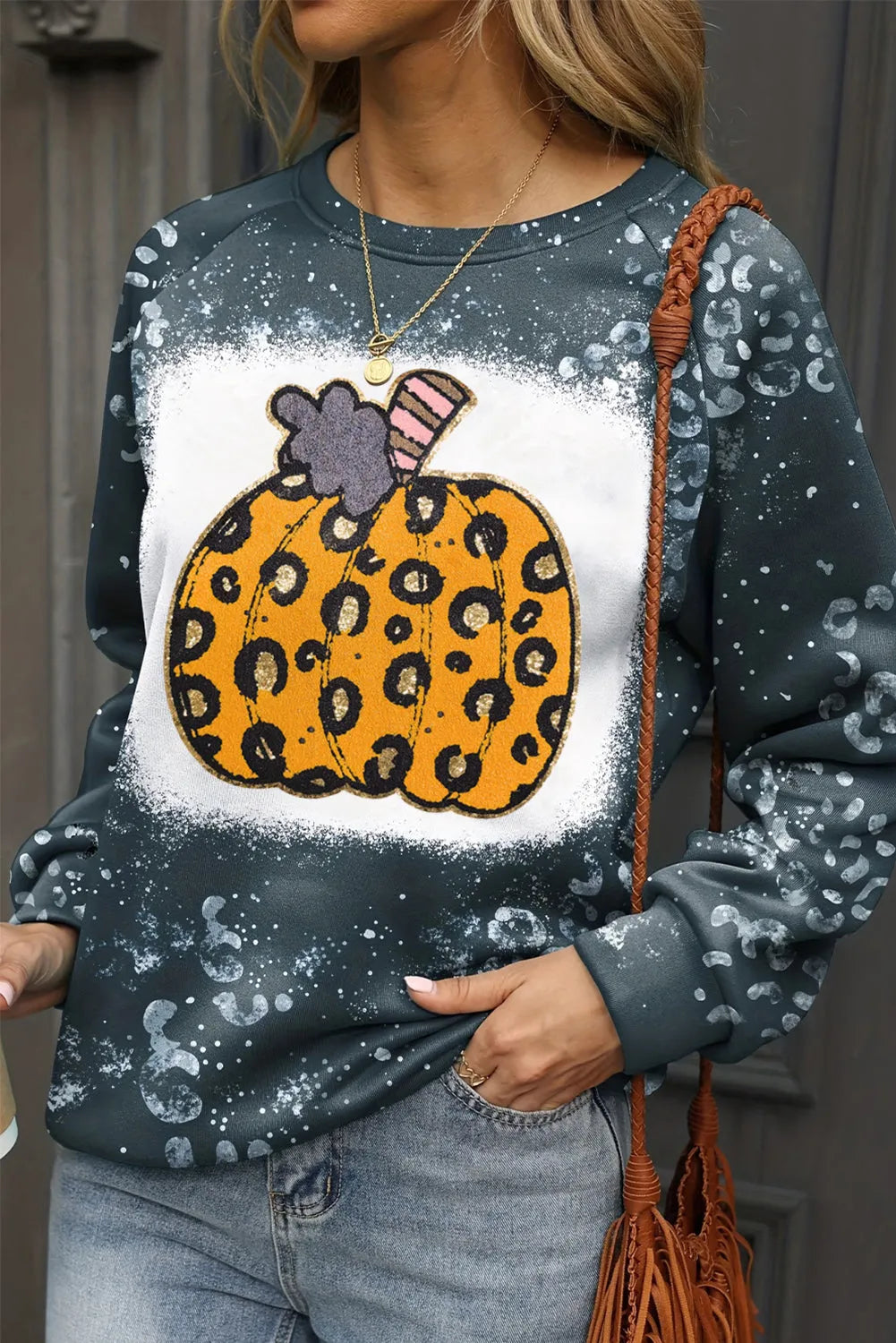 Blue Leopard Pumpkin Ink Plash Printed Halloween Sweatshirt - Chic Meadow Boutique 