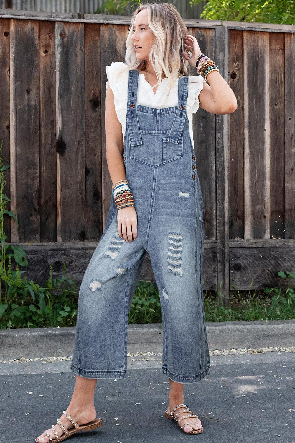 Bottoms/Jumpsuits & Rompers Stone Blue Distressed Bib Pocket Wide Leg Denim Overall