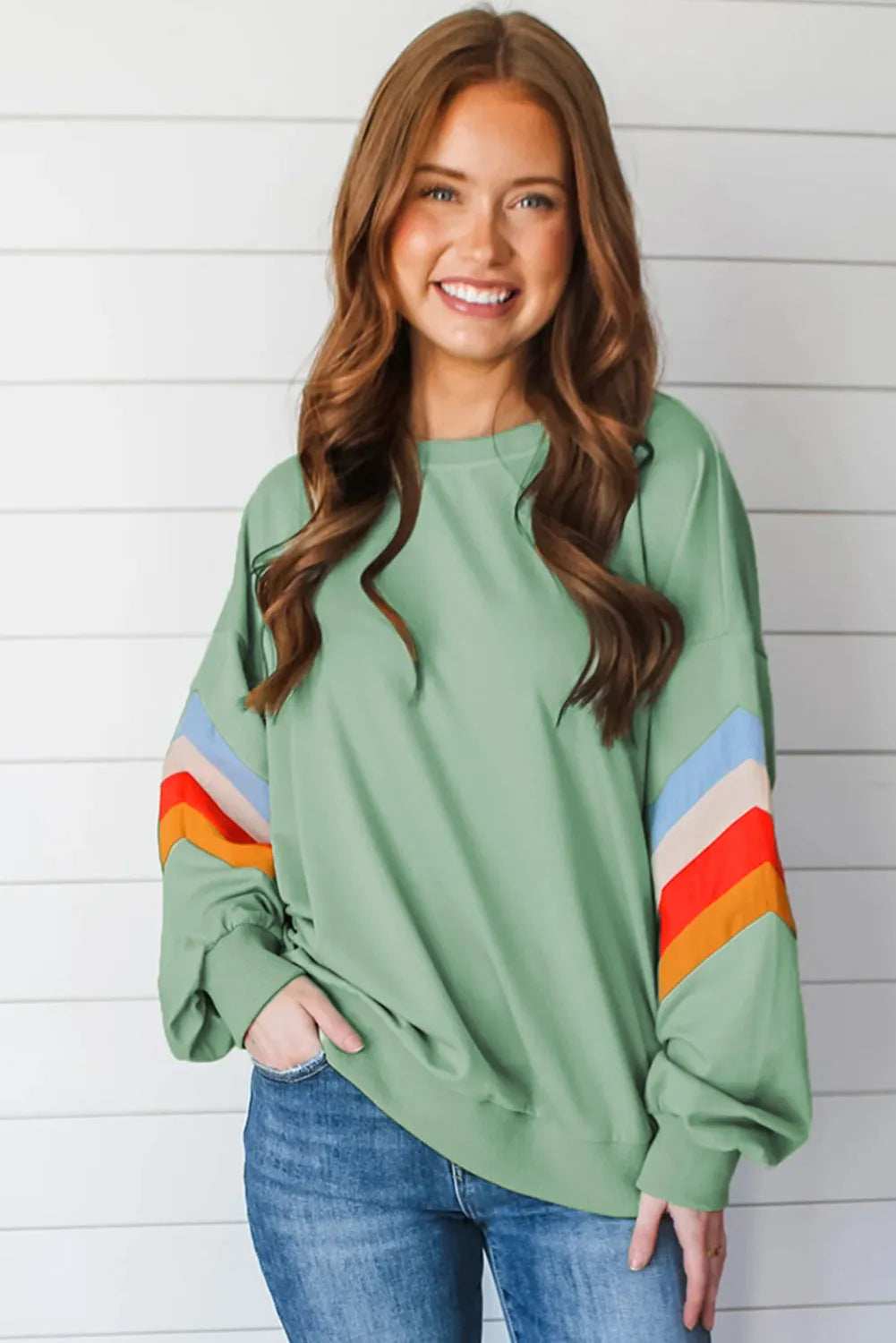 Moonlight Jade Rainbow Striped Sleeve Crew Neck Loose Sweatshirt - Chic Meadow Boutique 