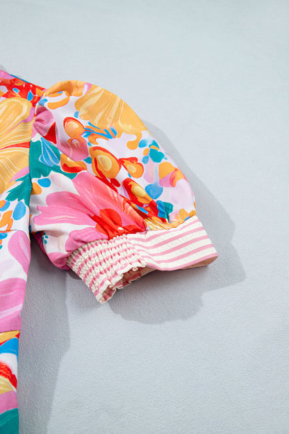 Pink Floral Print Striped Trim Button Down Short Sleeve Vacation Dress