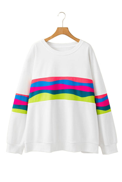 Plus Size/Plus Size Sweatshirts & Hoodies White Plus Size Colorful Striped Drop Shoulder Loose Sweatshirt