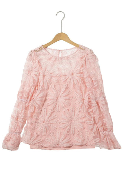 Tops/Blouses & Shirts Pink Flower Dotted Ruffled Sleeve Mesh Top