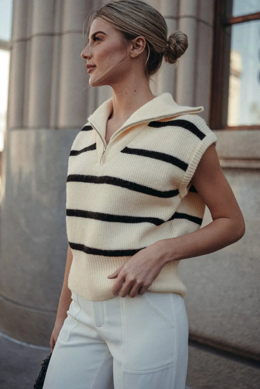 White Stripe Zipped Collar Cap Sleeve Knit Top - Chic Meadow Boutique 