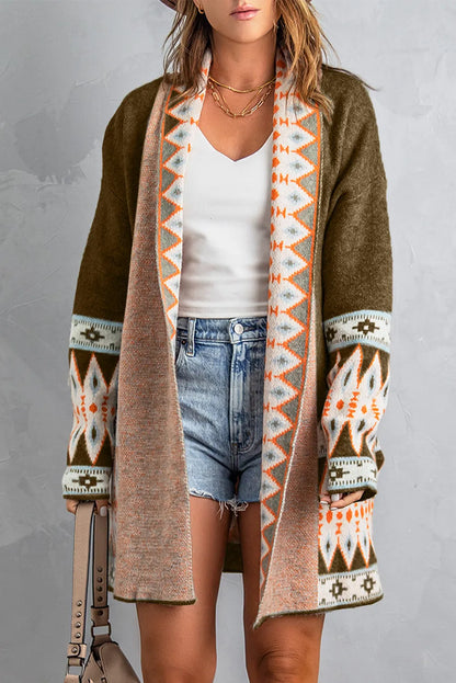 Brown Aztec Print Open Front Knitted Cardigan - Chic Meadow Boutique 