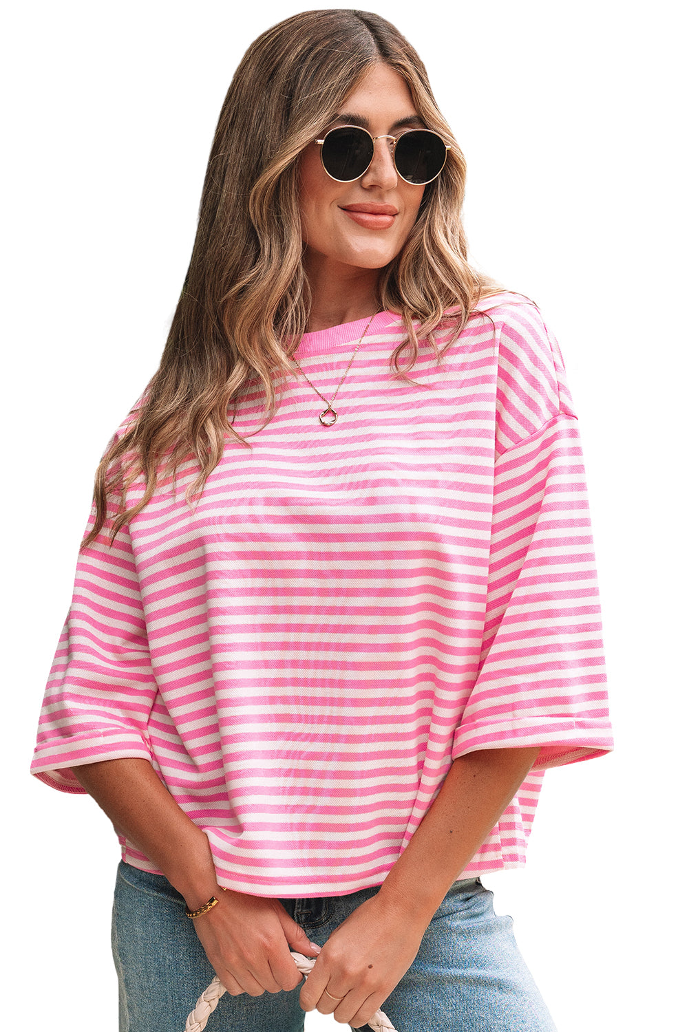 Pink Stripe Bowknot Cutout Back Drop Shoulder Wide Bracelet Sleeve Loose Tee
