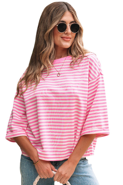 Pink Stripe Bowknot Cutout Back Drop Shoulder Wide Bracelet Sleeve Loose Tee