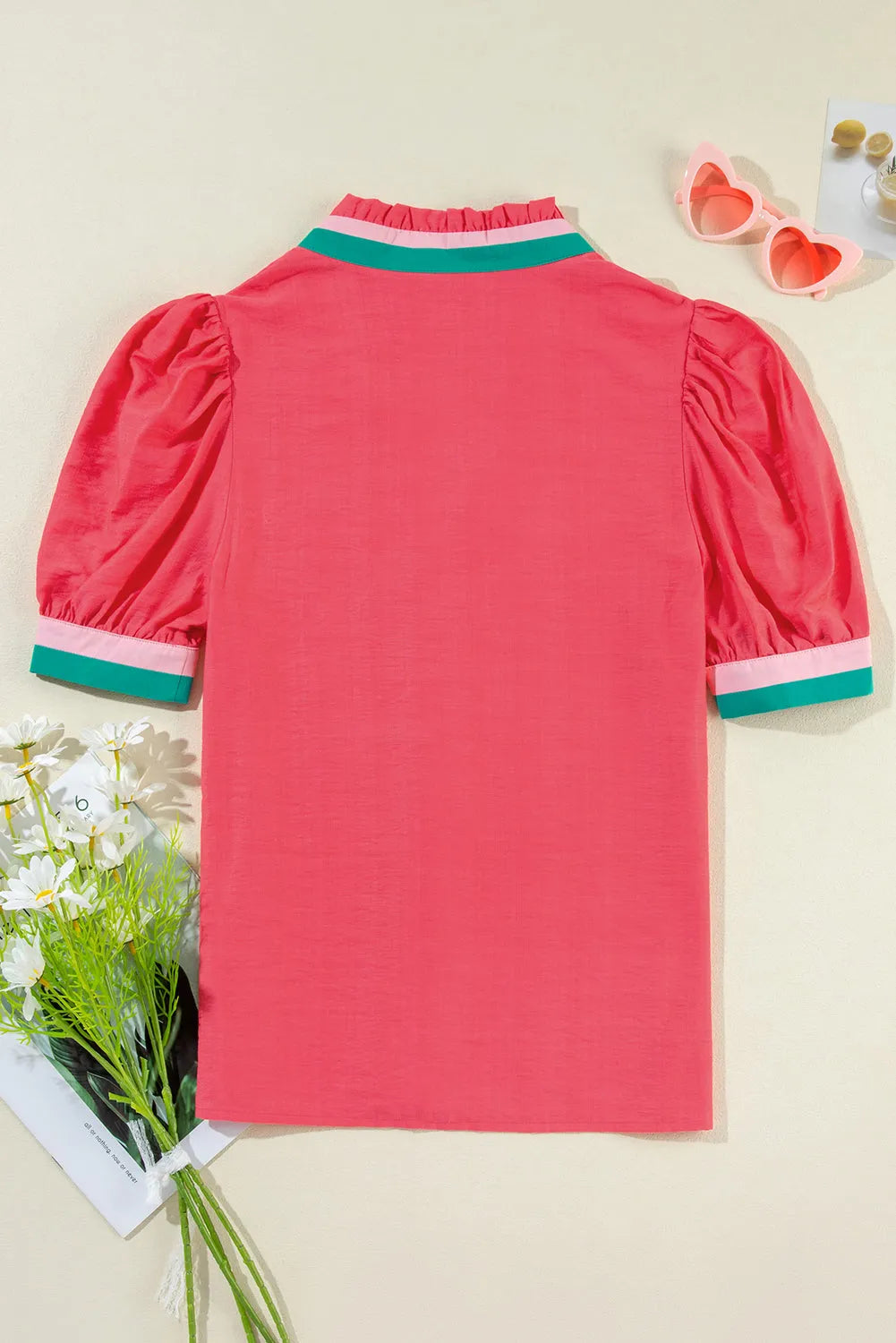 Carrot Colorful Trim V Neck Short Sleeve Blouse - Chic Meadow Boutique 