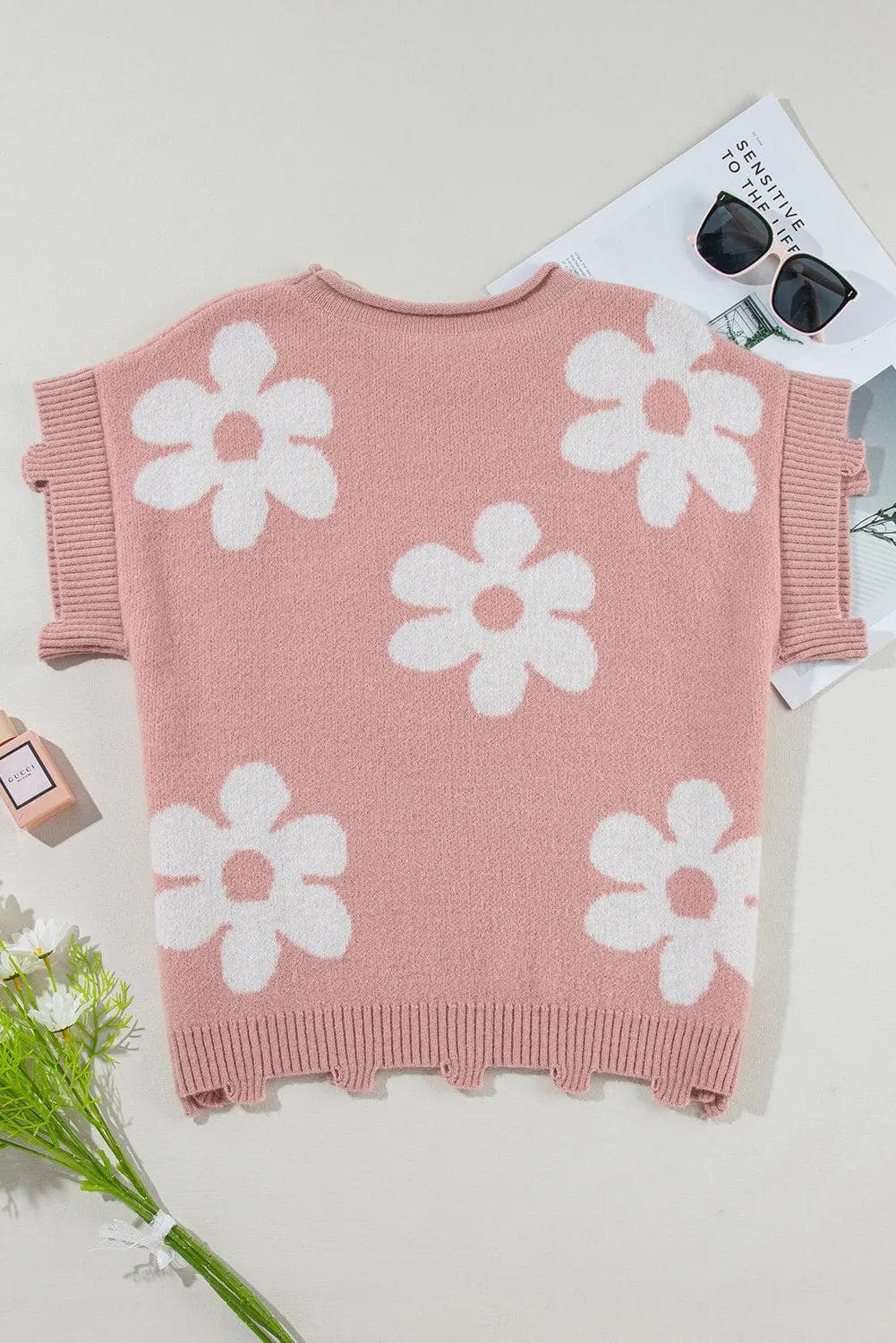 Tops/Short Sleeve Sweaters Light Pink Pearled Flower Distressed Edge Sweater T Shirt