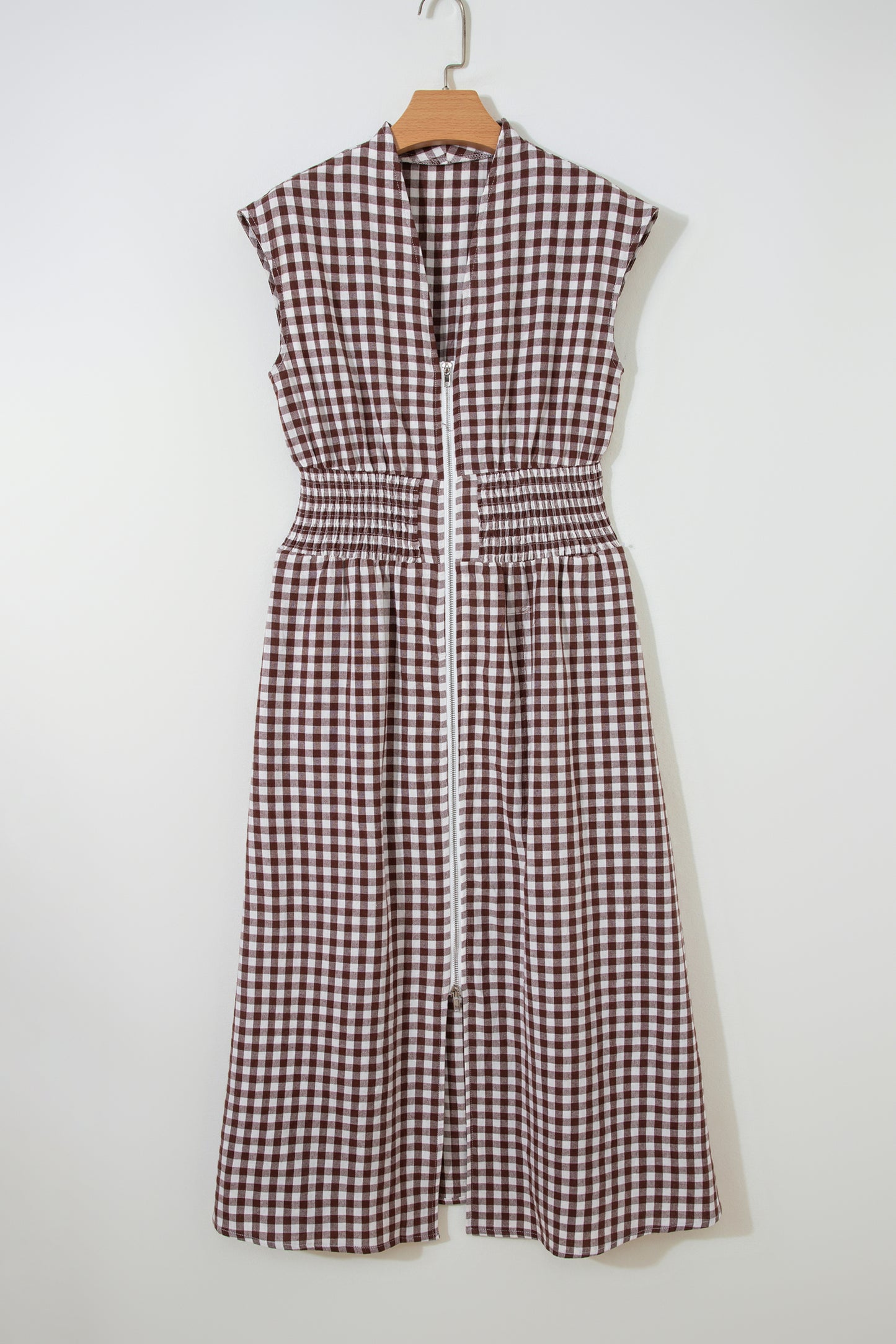 Coffee Plaid Print Full Zipper Cinched Waist Fit Flare Sleeveless Maxi Dress