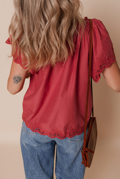 Red Dahlia Floral Embroidered Scallop Trim Short Sleeve V Neck Blouse