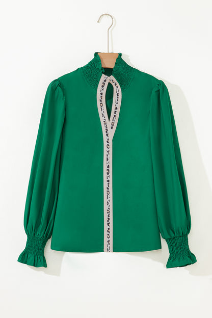 Evergreen Puffy Flounce Sleeve Leopard Trim V Neck Blouse