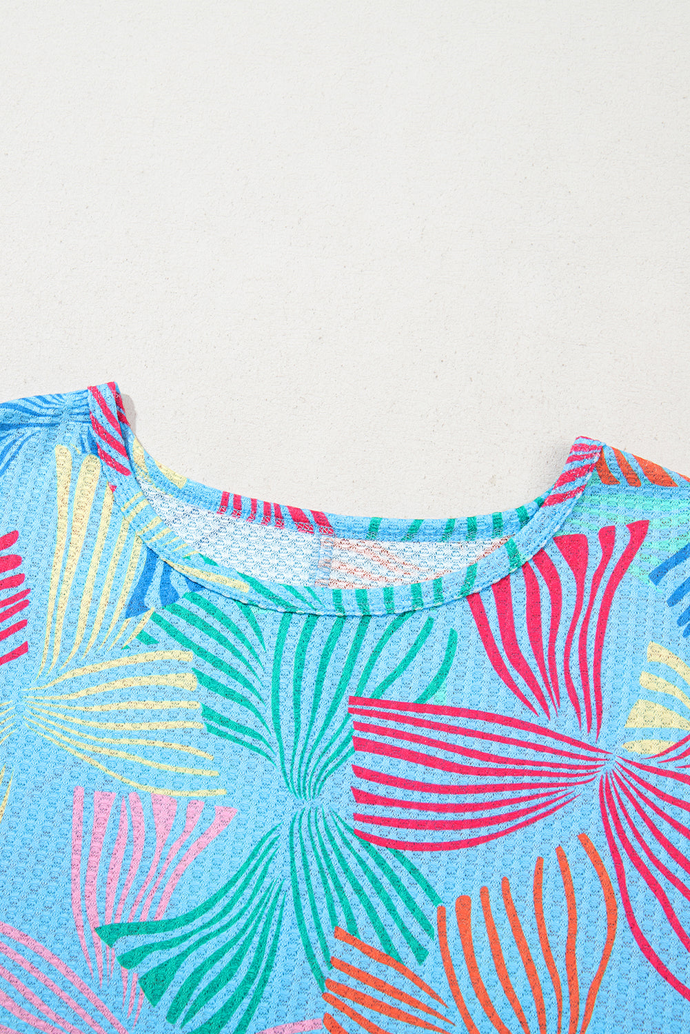 Sky Blue Bowknot Printed Waffle Crewneck Loose Short Sleeve Top