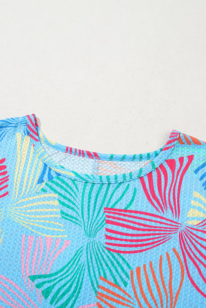 Sky Blue Bowknot Printed Waffle Crewneck Loose Short Sleeve Top