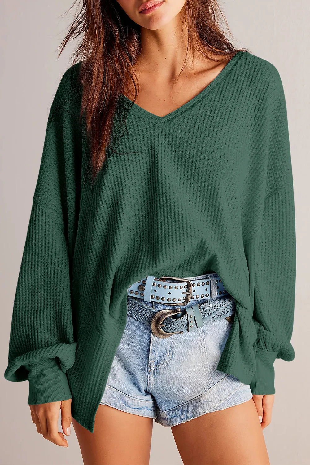 Blackish Green Waffle V Neck Long Sleeve Drop Shoulder Loose Blouse - Chic Meadow Boutique 