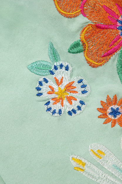 Clearly Aqua Floral Embroidered Puff Sleeve Split Neck Blouse