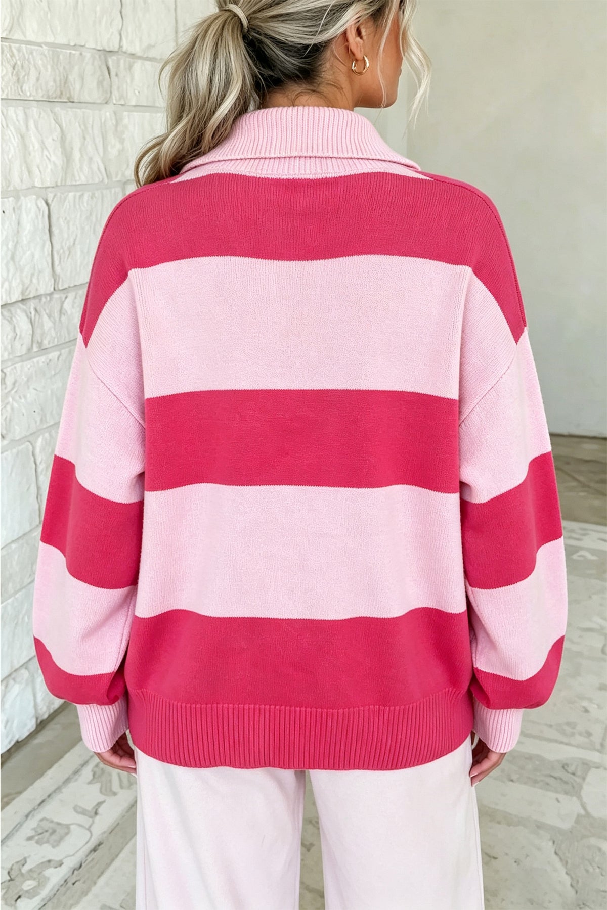 Strawberry Pink Casual Striped Color Block Zip Collar Pullover Sweater