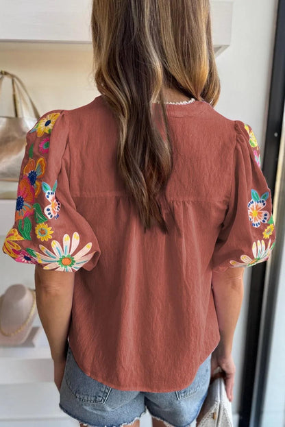 Tops/Blouses & Shirts Mineral Red Floral Embroidered Puff Sleeve Split Neck Blouse