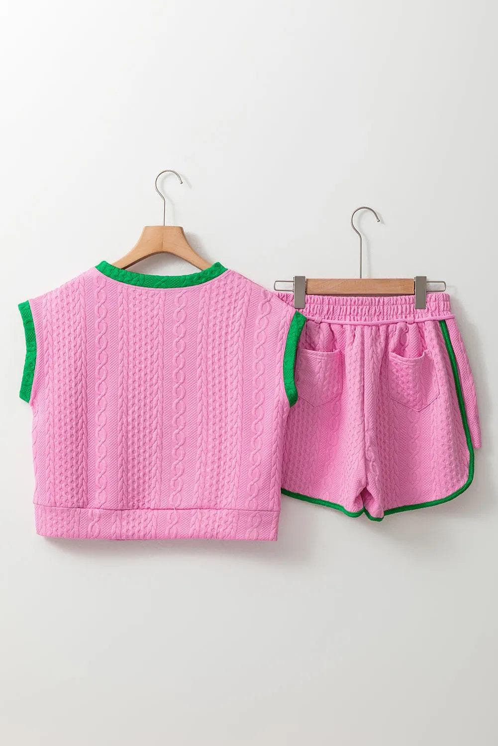 Two Piece Sets/Short Sets Pink Contrast Trim Cable Textured Shorts Set