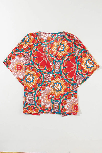 Red Floral Print Batwing Sleeve V Neck Blouse - Chic Meadow Boutique 