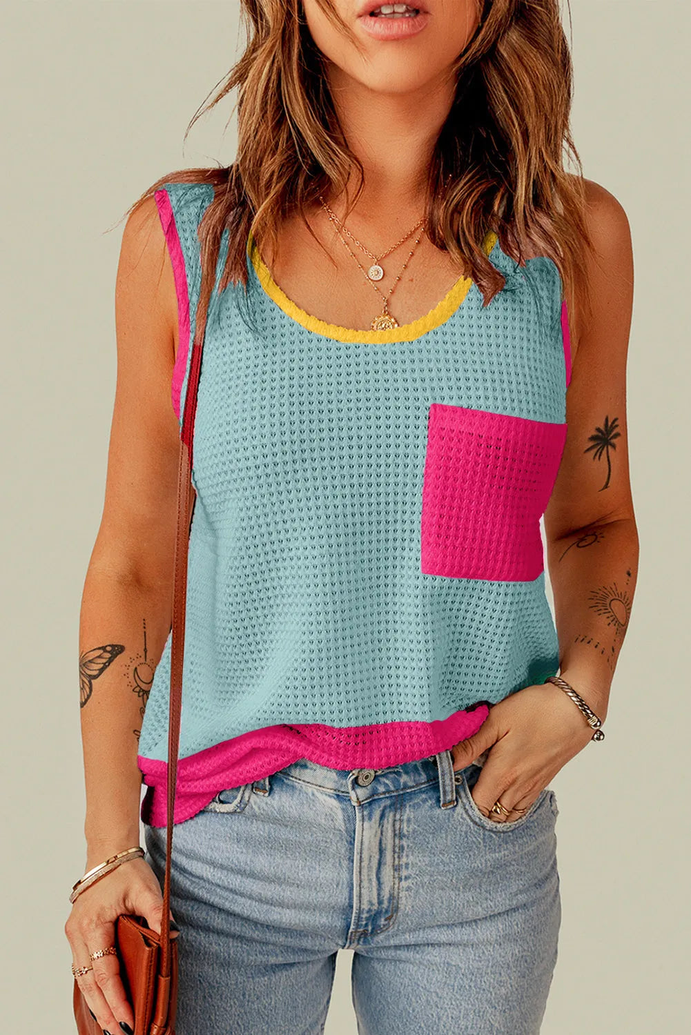 Light Blue Color Block Patched Pocket Breathable Knit Tank Top - Chic Meadow Boutique 