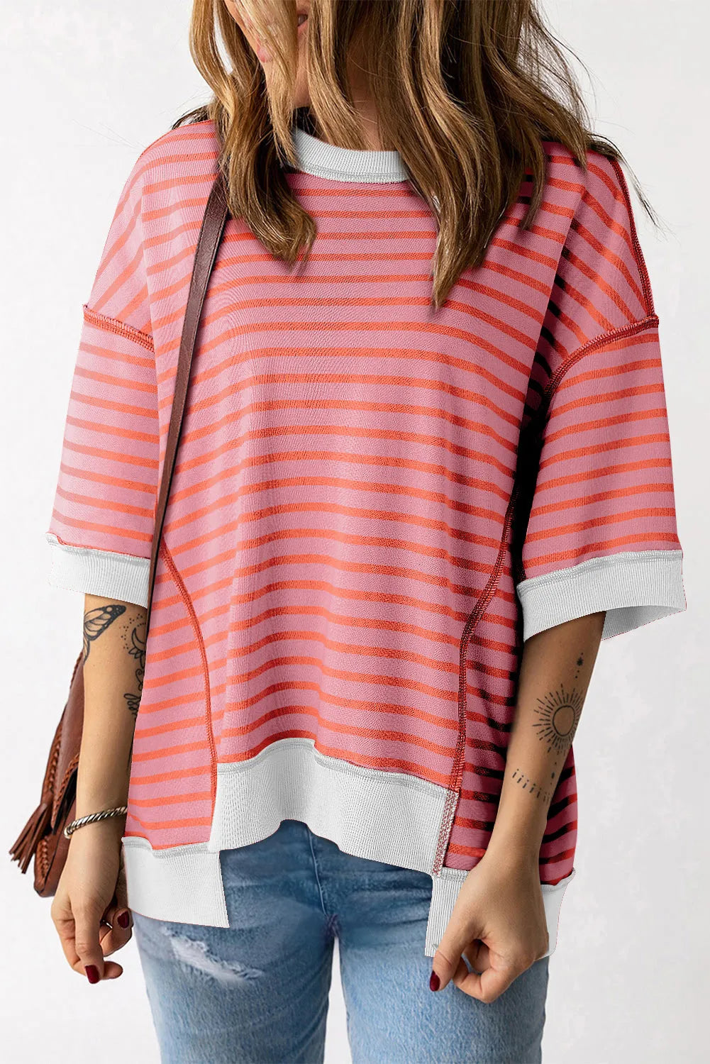 Multicolour Oversized Contrast Trim Exposed Seam High Low T Shirt - Chic Meadow Boutique 