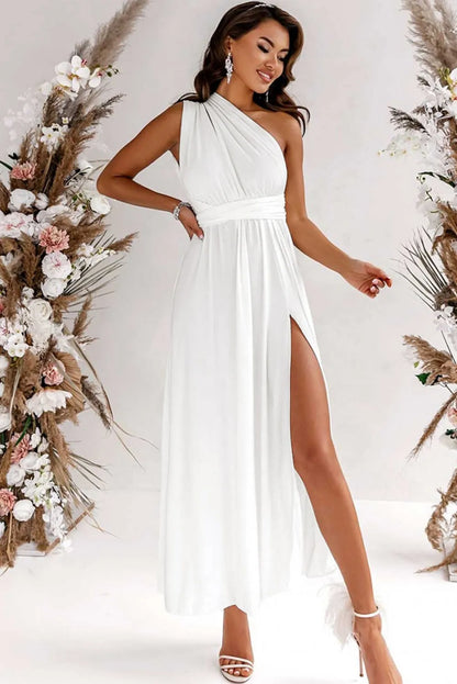 White Sleeveless Ruched High Split Cutout Back Maxi Dress - Chic Meadow Boutique 