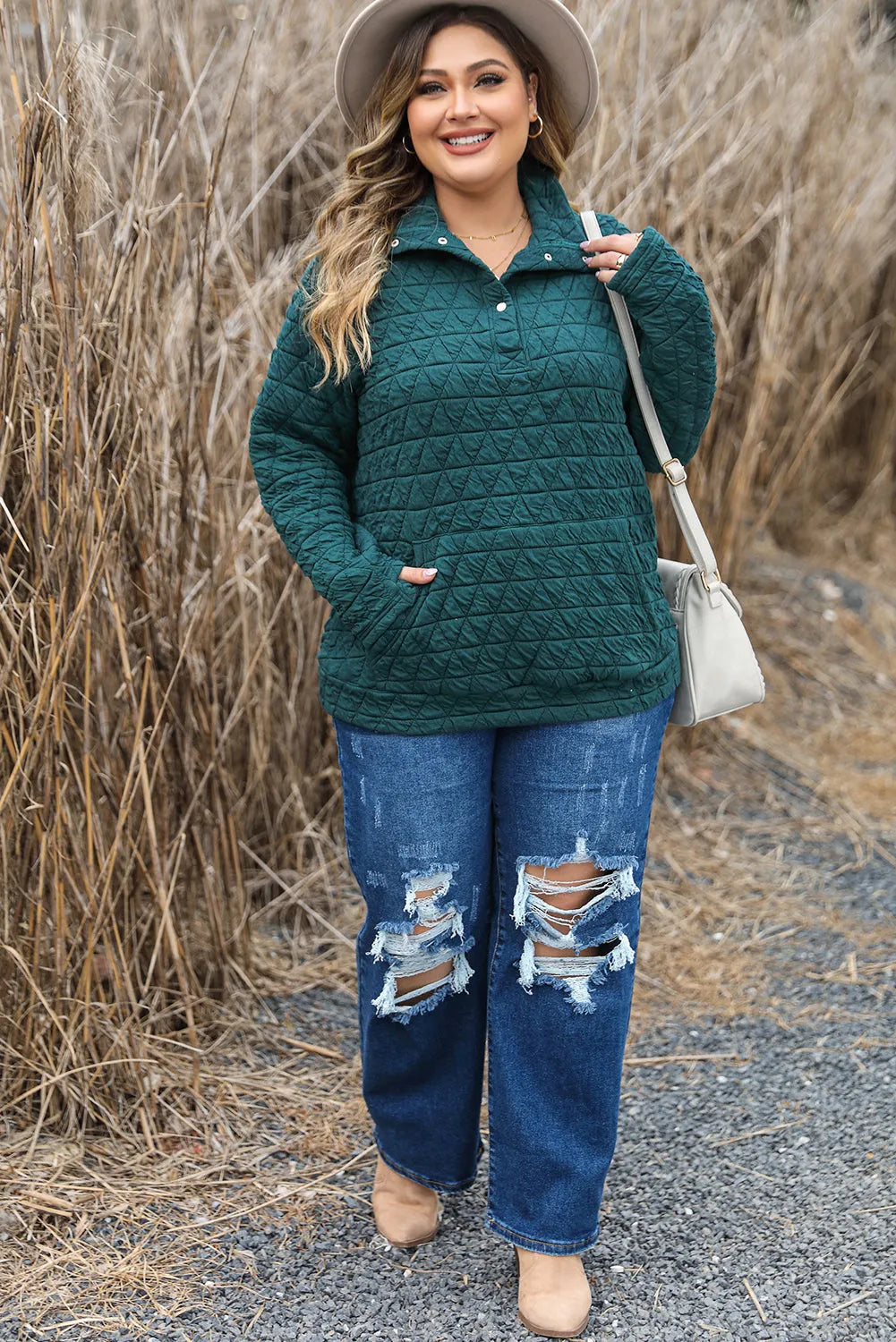 Blackish Green Plus Size Quarter Buttoned Pocketed Quilted Sweatshirt - Chic Meadow Boutique 