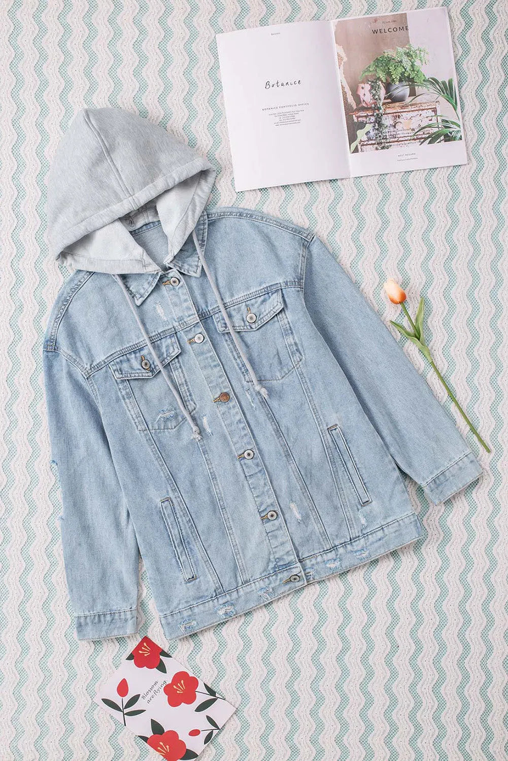 Sky Blue Button Closure Ripped Hooded Denim Jacket - Chic Meadow Boutique 