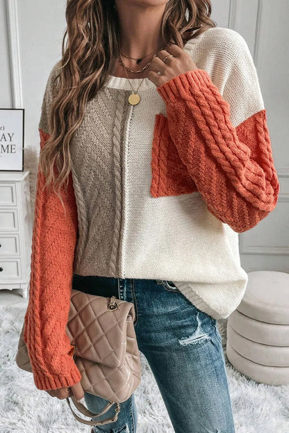 Gold Flame Colorblock Patched Pocket Drop Shoulder Sweater - Chic Meadow Boutique 