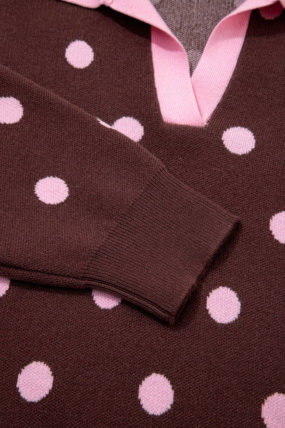 Pink Polka Dot Pattern Color Block Collared Loose Pullover Sweater