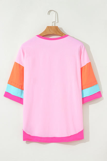 Pink Solid Color Half Sleeve Buttons Henley Top