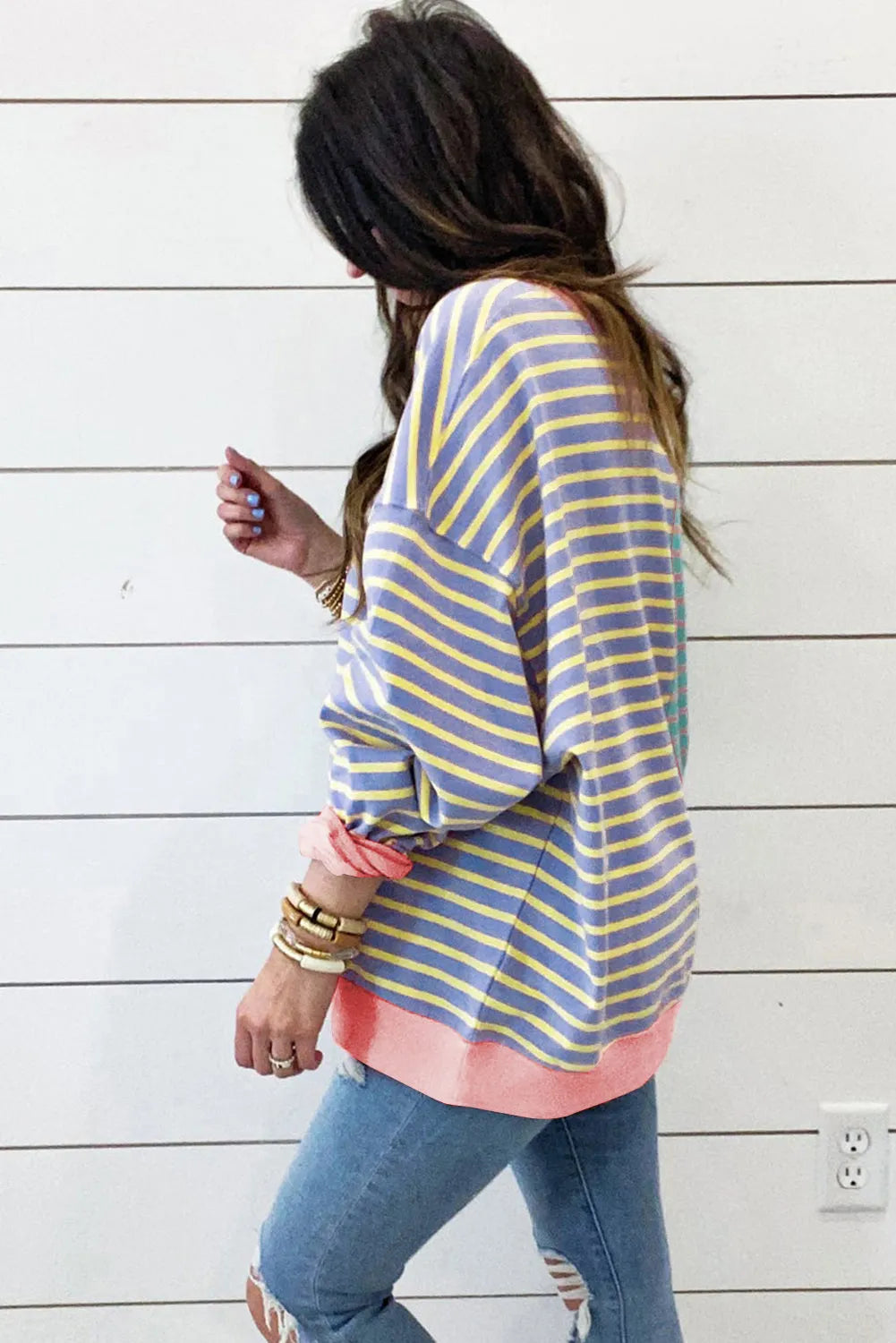 Casual Stripe Colorblock Drop Shoulder Oversize Sweatshirt - Chic Meadow Boutique 