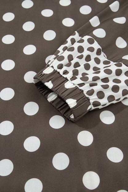Brown Polka Dot Contrast Detail Zip-Up Long Sleeve Shacket
