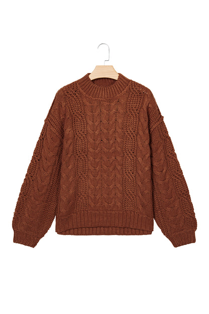 Coffee Solid Color Cable Knit High Neck Loose Pullover Sweater