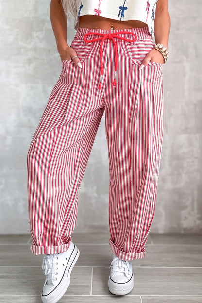 Red Stripe Drawstring Casual Loose Pants