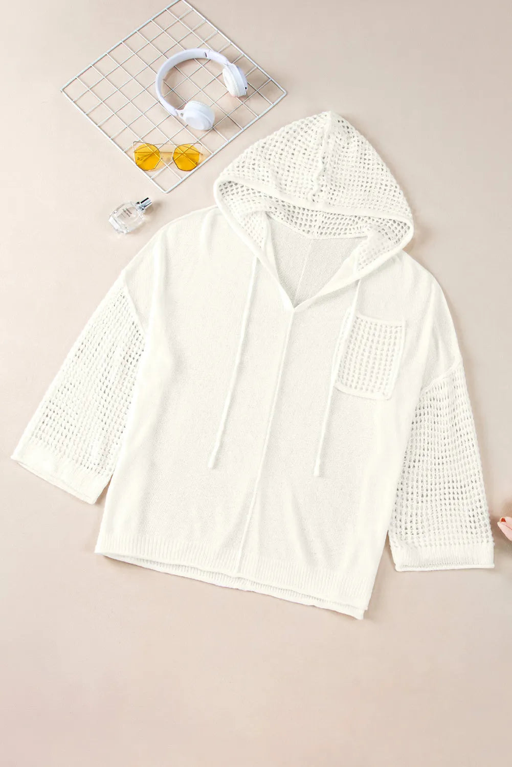 White Open Knit Long Sleeve Pocketed Hooded Sweater - Chic Meadow Boutique 