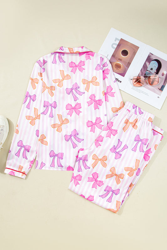 Pink Striped Bow Print Contrast Piping Trim Shirt and Pants 2pcs Pajama Set
