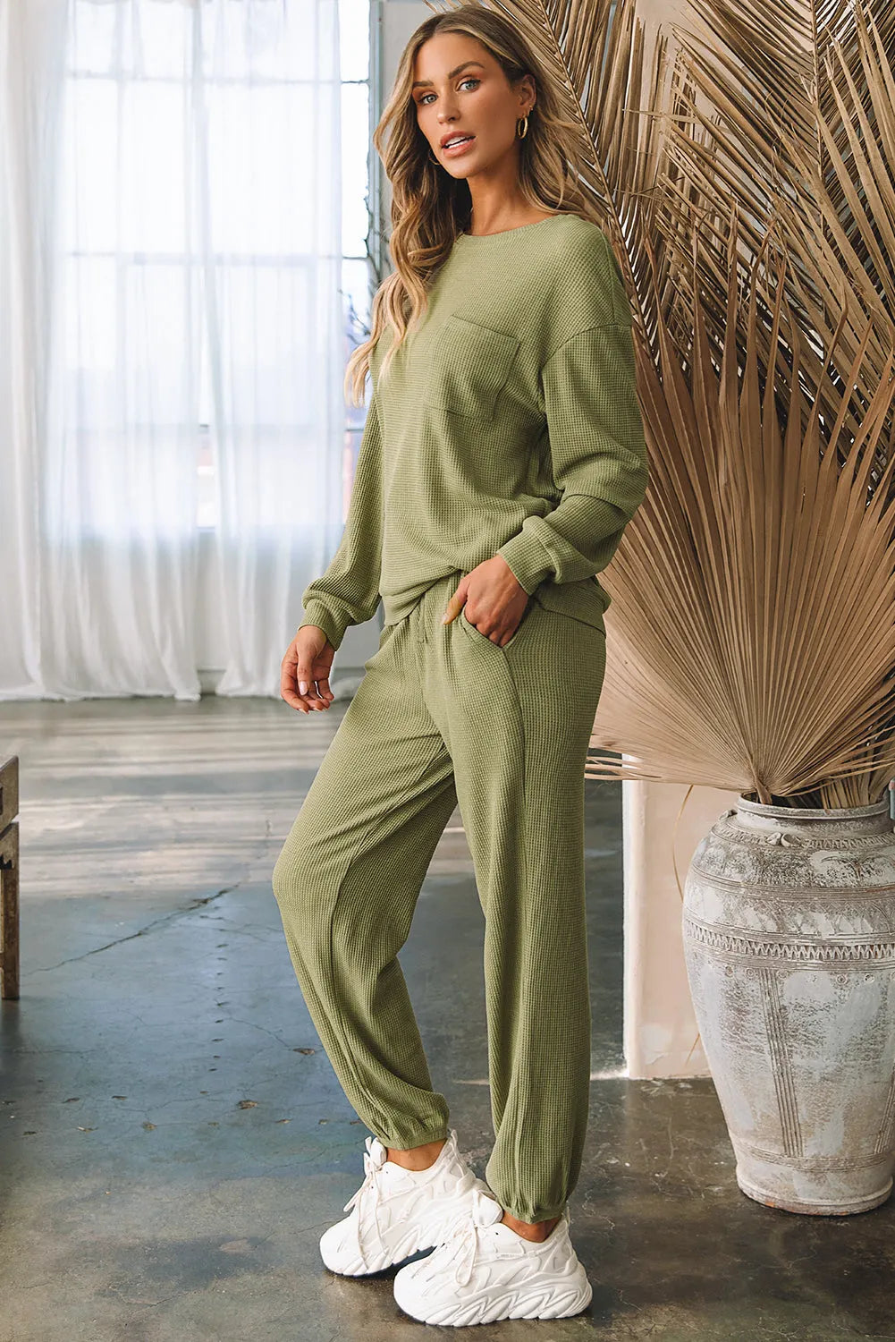 Laurel Green Waffle Knit Long Sleeve Top Drawstring Joggers Set - Chic Meadow Boutique 