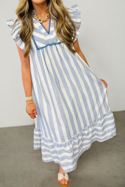 Sky Blue Stripe Subtle Lace Detail V Neck Ruffle Trim Casual Dress