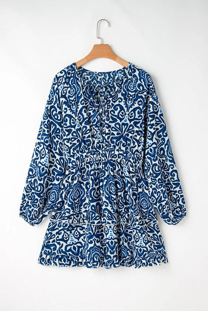 Blue Vintage Print Lace up V Neck Long Sleeve Mini Dress - Chic Meadow Boutique 