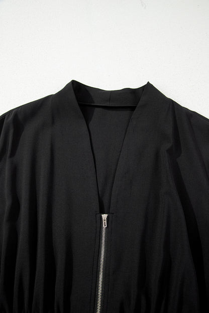 Black Sleeveless Zipped Front V Neck Shirred Waist Maxi Dress