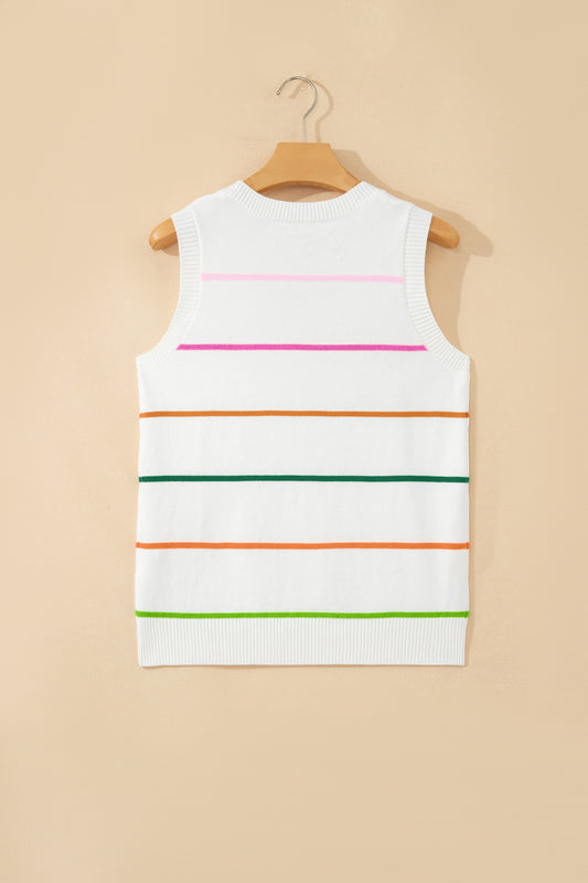 White Stripe Round Neck Knitted Sweater Tank