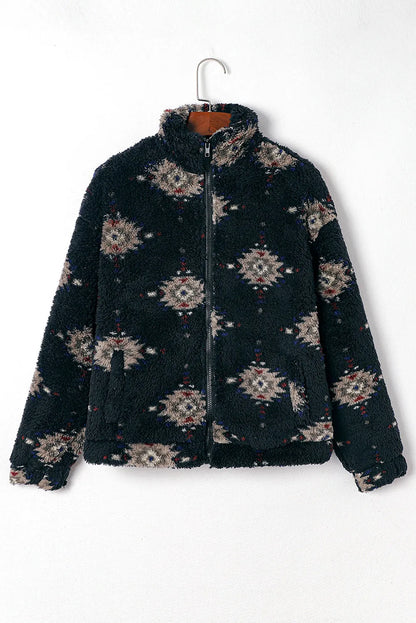 Black Aztec Pattern Zipper Collared Sherpa Jacket - Chic Meadow Boutique 